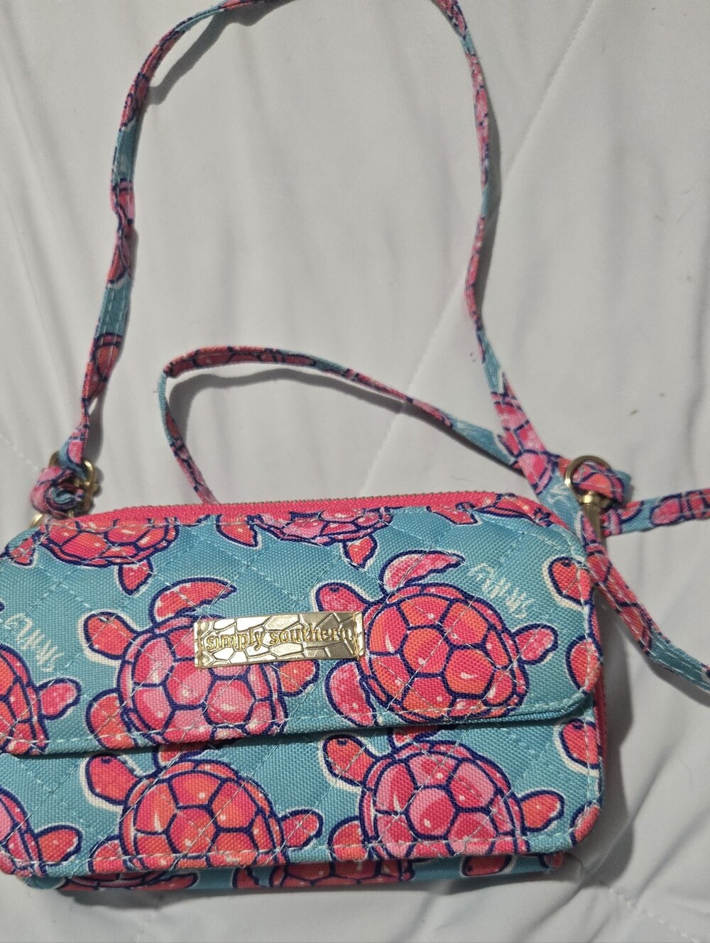 Simply Southern Aqua Crossbody with Pink Turtle Print
